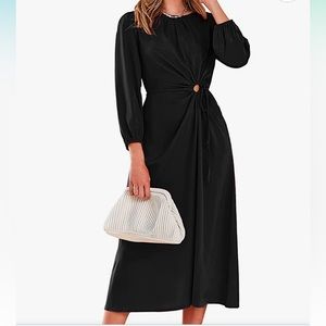 🔥 NWT pretty garden, black satin midi, long sleeve detailed dress size M.